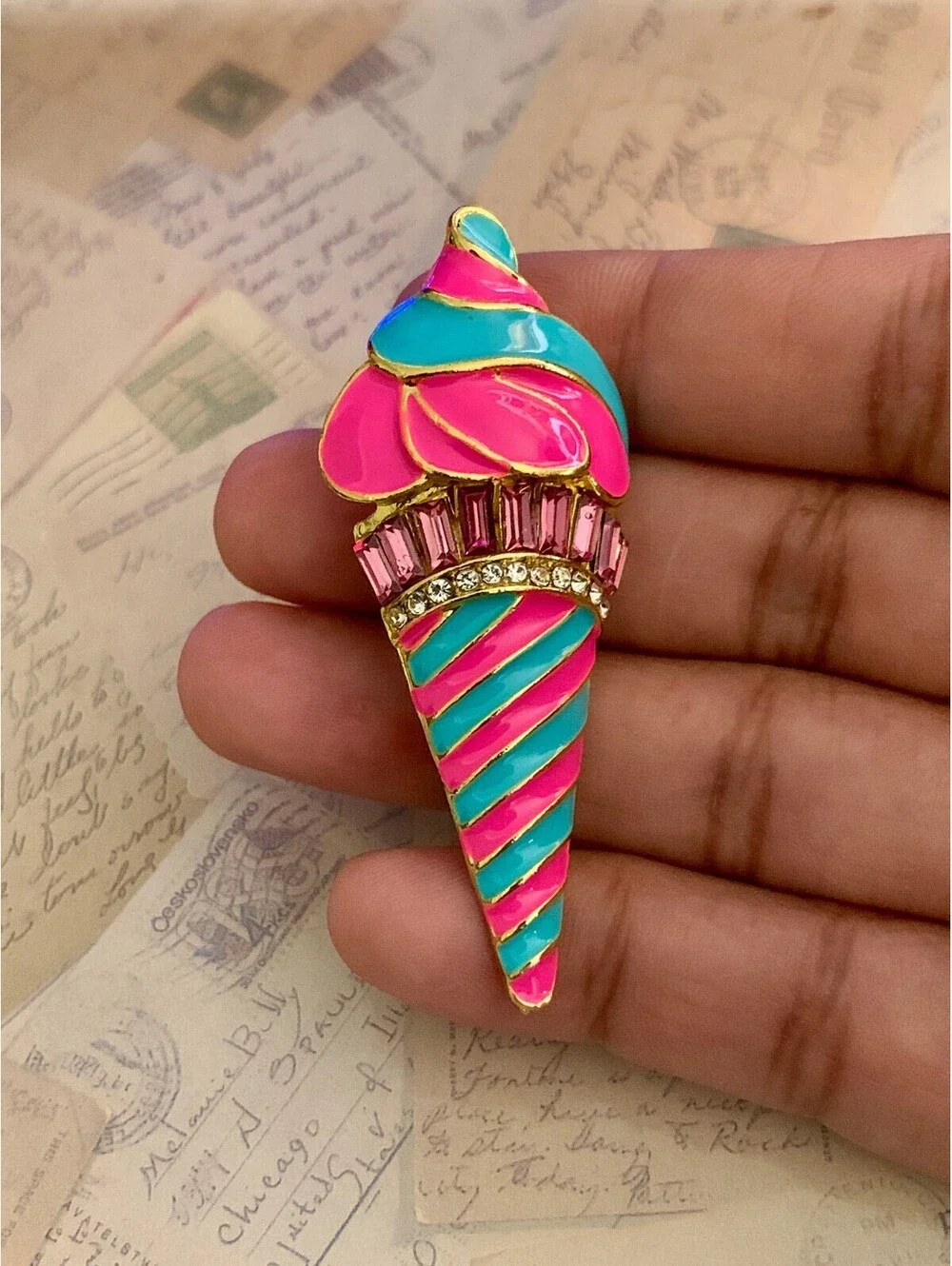 Bright and Fun Ice Cream Cone Pin with Sparkling Rhinestones